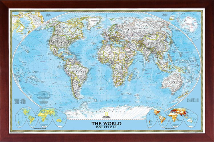 Wall Art for Living Room 20x28, Office Renditions Gallery Frame Executive National Geographic Travel Map with Push Pins Bedroom Black Walnut 