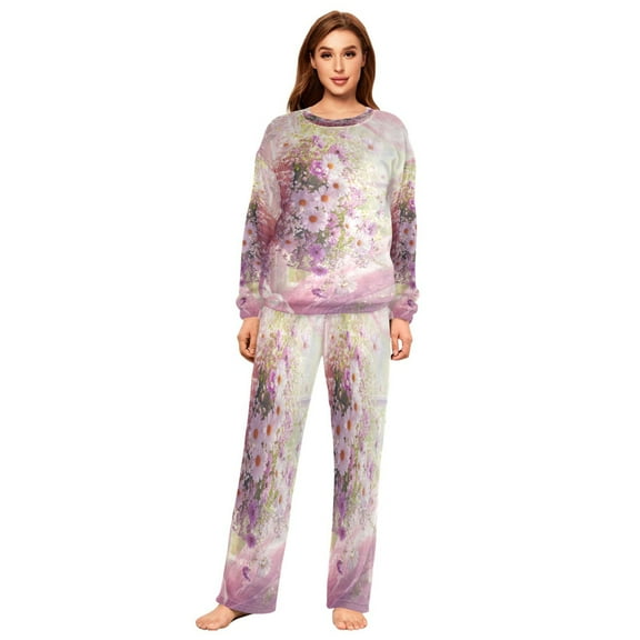 BZSMCE Women Slim Pajamas Loose Style Female Fashion Basket Of Daisies and Butterflies Pattern Sleepwear