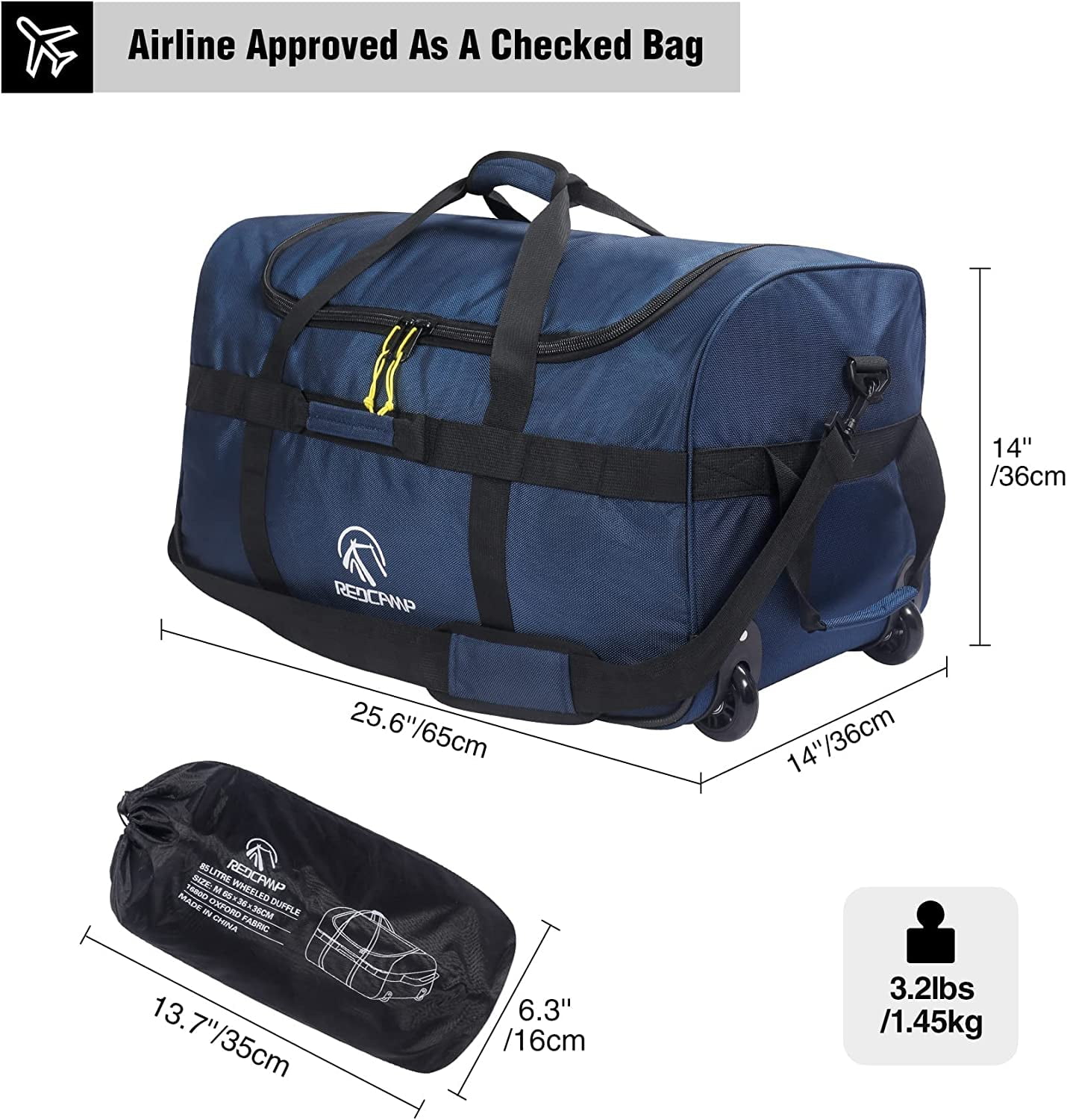 REDCAMP 85L Foldable Duffle Bag with Wheels 26", 1680D Oxford Collapsible Large Duffel Bag with Rollers for Camping Travel Gear, Navy