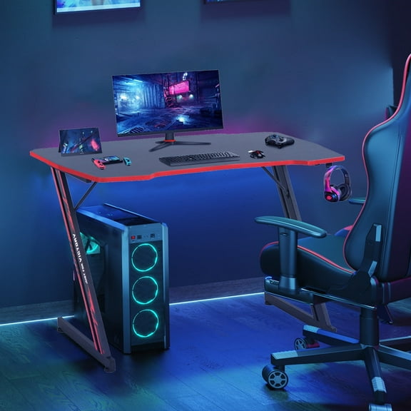 YRLLENSDAN 39" Computer Desk Z Shaped Workstation Ergonomic Table with Headphone Hook for Game Players (Red, 39 in)