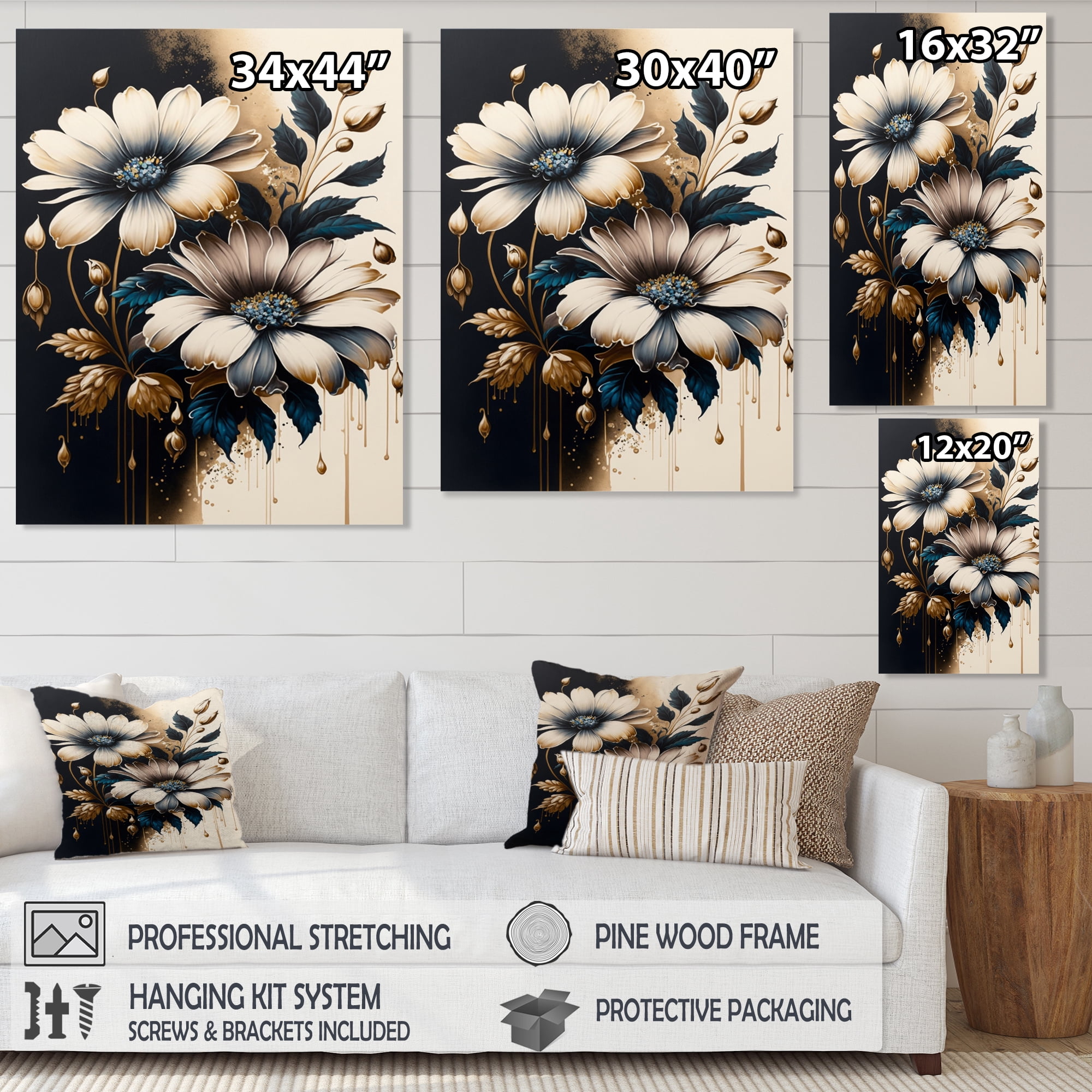 Designart Blue And Gold Daisy Bunch III Canvas Wall Art