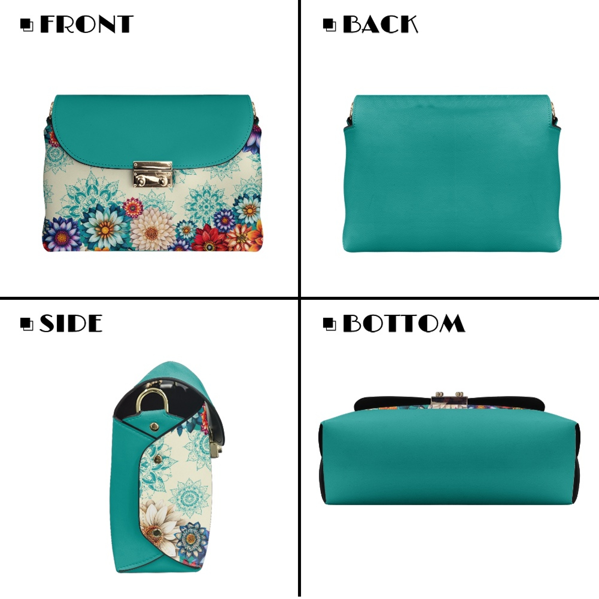 TSOVTHRID Women's Crossbody Handbags Leather Waterproof Crossbody Bags for Women Trendy Cross Body Bag with Detachable Chain, Boho Mandala Flower Turquoise Print