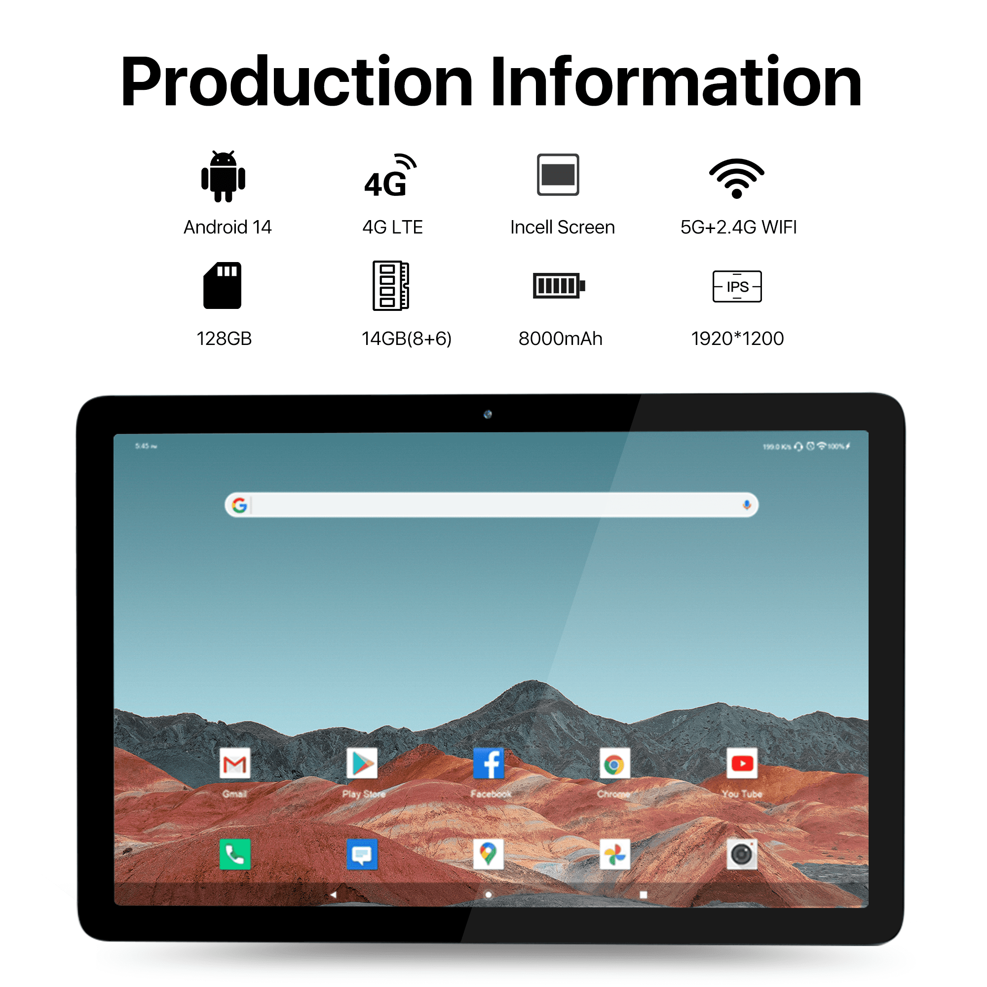 Android 14 Tablet, 2 in 1 Tablet with Keyboard, 14GB RAM 128GB ROM, 1TB Expand, 4G LTE and 5G Wifi, 13MP+8MP, Unisoc Octa-Core Processor