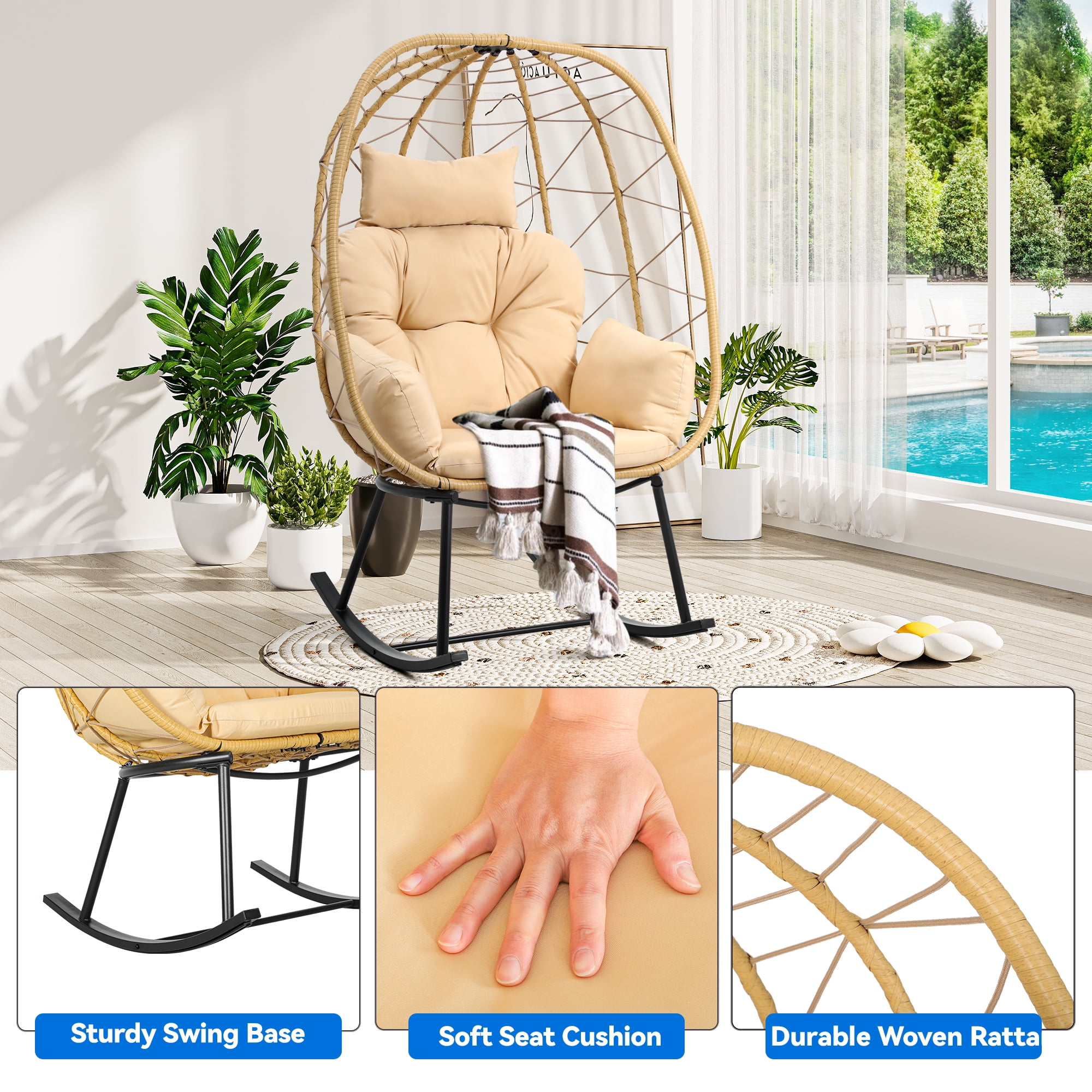 Uforic Beige Outdoor Wicker Rocking Egg Chair, Cushioned Relaxation Chair for Indoor & Outdoor Spaces, 330lb Weight Capacity, Anti-Slip Design, All-Weather Durability