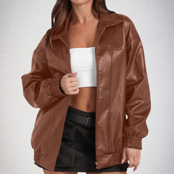 ssuyfkrb Women's Fashion Pu Faux Leather Outwear Jackets,Jackets for Women,Coat for Women,Flip Collar,Casual,Long Sleeve,Solid,Brown,XS