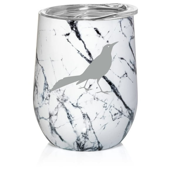 12 oz Double Wall Vacuum Insulated Stainless Steel Stemless Wine Tumbler Glass Coffee Travel Mug With Lid Grackle Bird (Black White Marble)