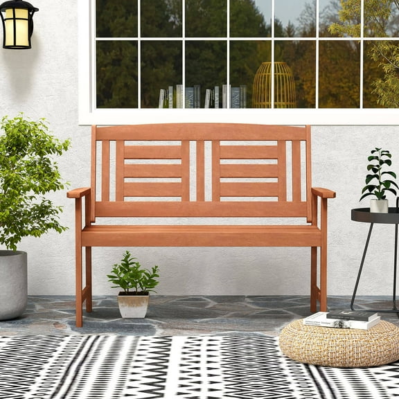 Costway Outdoor Solid Wood Loveseat with Inclined Backrest & Slatted Seat Teak Painting