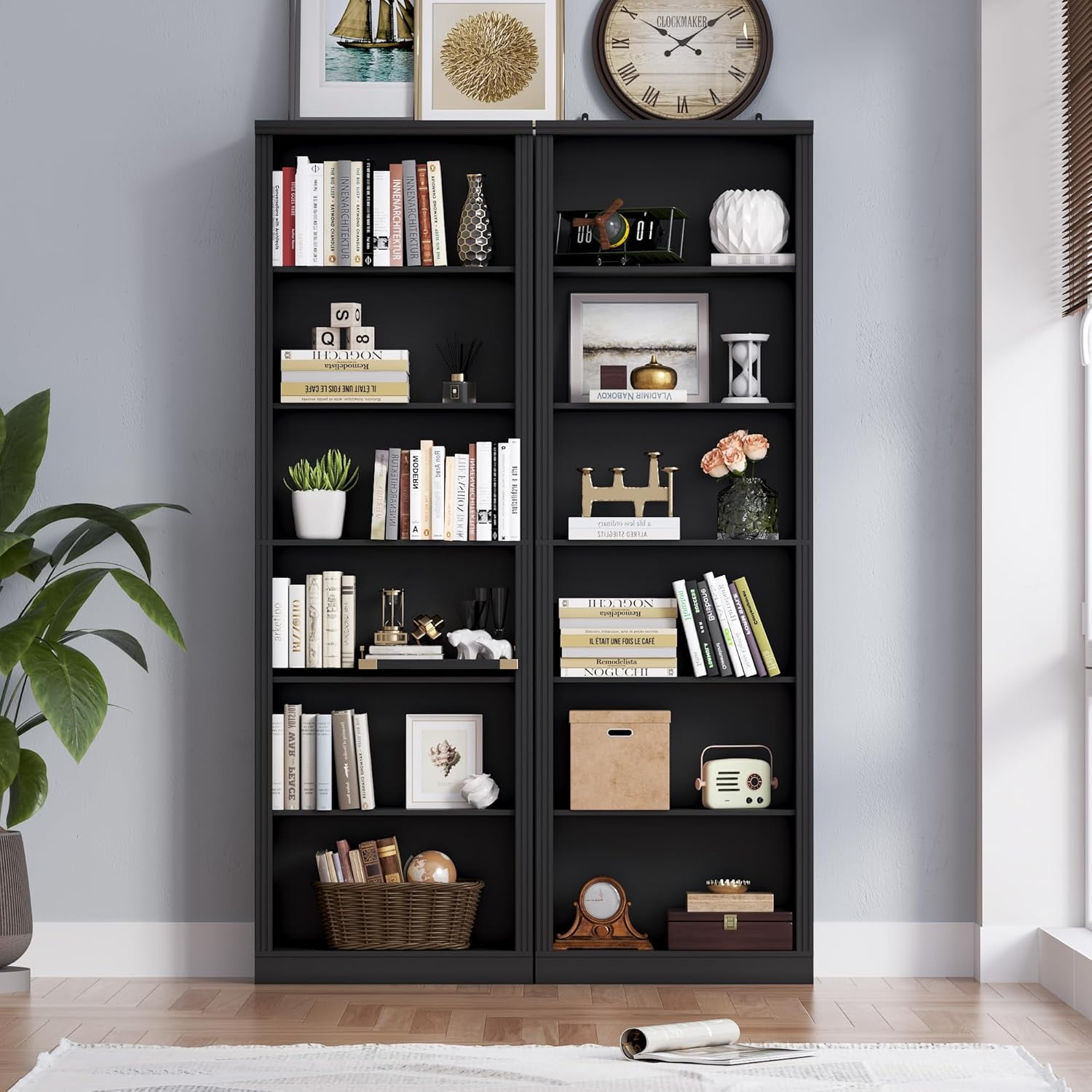 PUFFCAFE 75" Tall Bookcase,24" Wide Wood Book Shelf,6 Tier Display Storage Shelves,Black Bookshelf for Home Office Living Room Bedroom Study,2 Pack