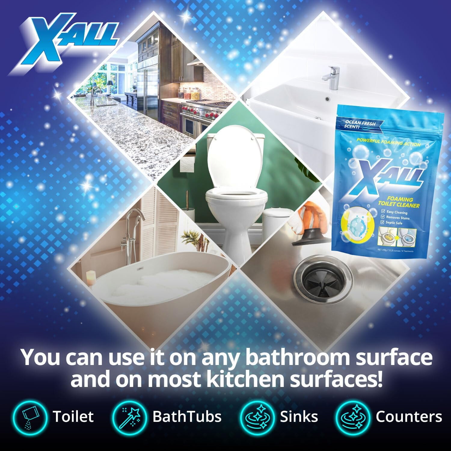 X-ALL Foaming Toilet Cleaner, Self-Activating Powder for Deep Cleaning, Fights Stains, Limescale and Mineral-Buildup