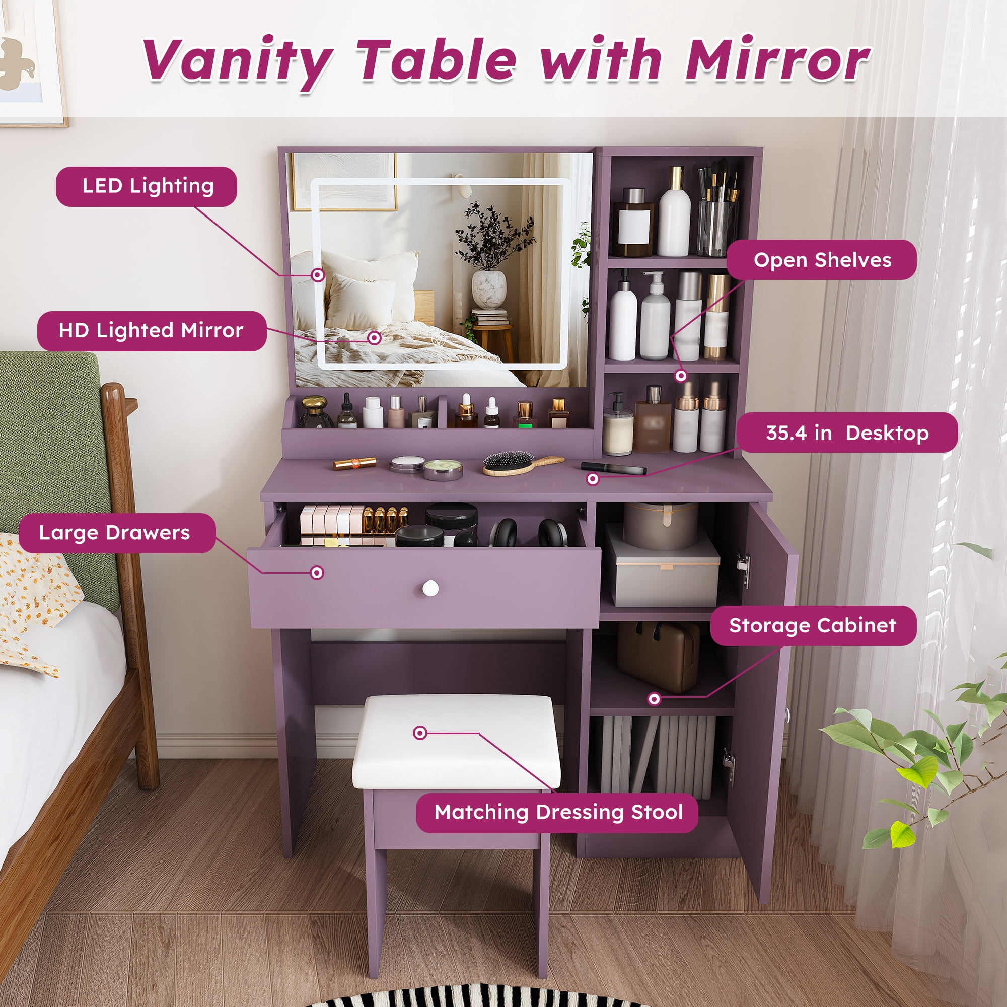 Makeup Vanity Desk Set with Padded Stool & 3-Mode Dimmable LED Mirror, Multi-Storage Modern Bedroom Dressing Table for Bedroom Apartment Dorm