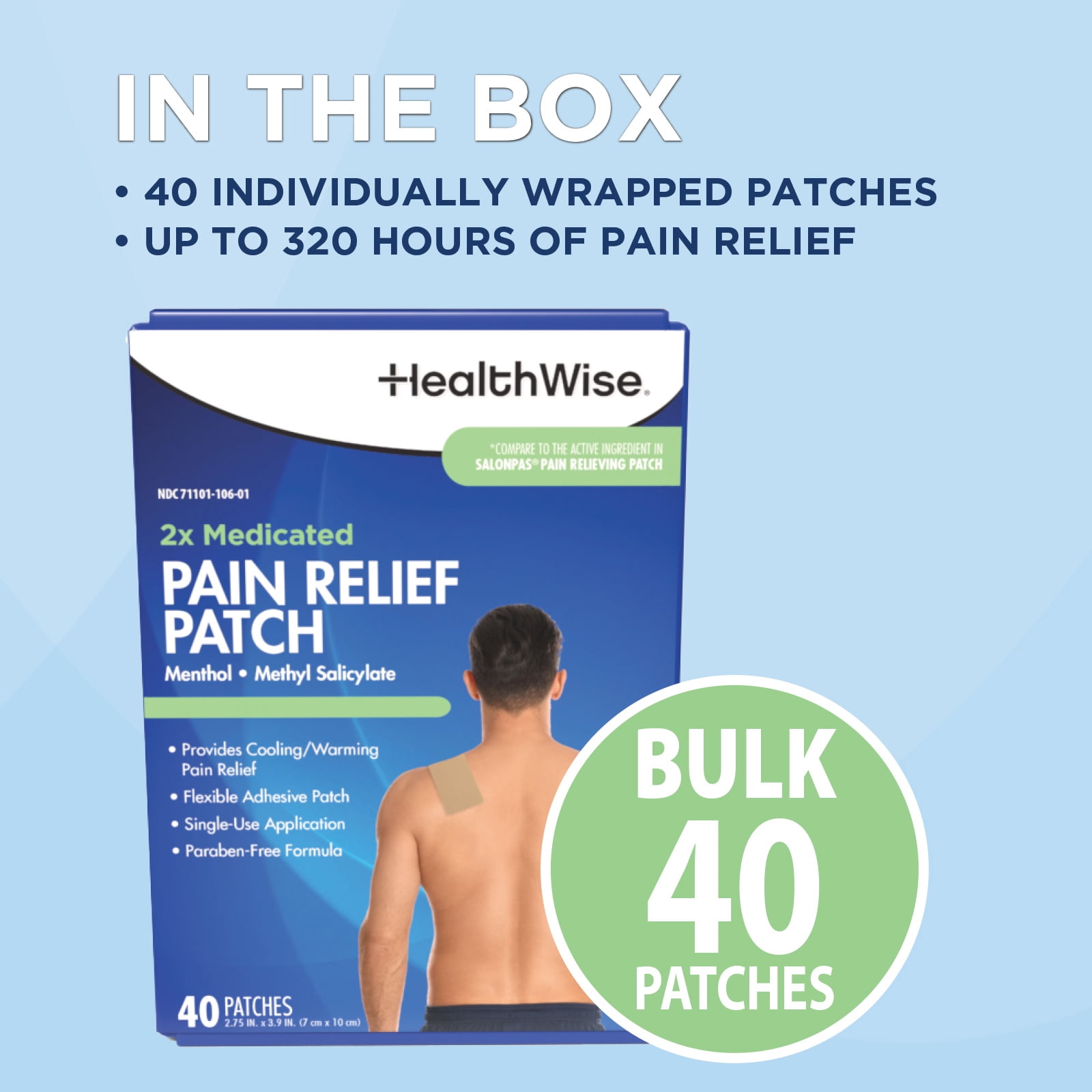 HealthWise Targeted Pain Relief 2x Medicated Patch | 40-Count | 2.75” x 3.9” | Topical Analgesic | Menthol + Methyl Salicylate | Flexible Adhesive
