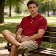 thumbnail image 7 of GrmtClth Men's Cotton Polo Shirts Business Striped Shoulder Golf Polos Basic Collared Button Down Tee Trendy Comfortable Short Sleeves Clothes Wine 2XL, 7 of 7