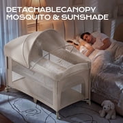 Babyomi 4 in1 Baby Bassinet with Diaper Changer, Long Next to Bed Crib with Mattress, Height Adjustable, Pack and Play, Bedside Crib Sleeper, Beige