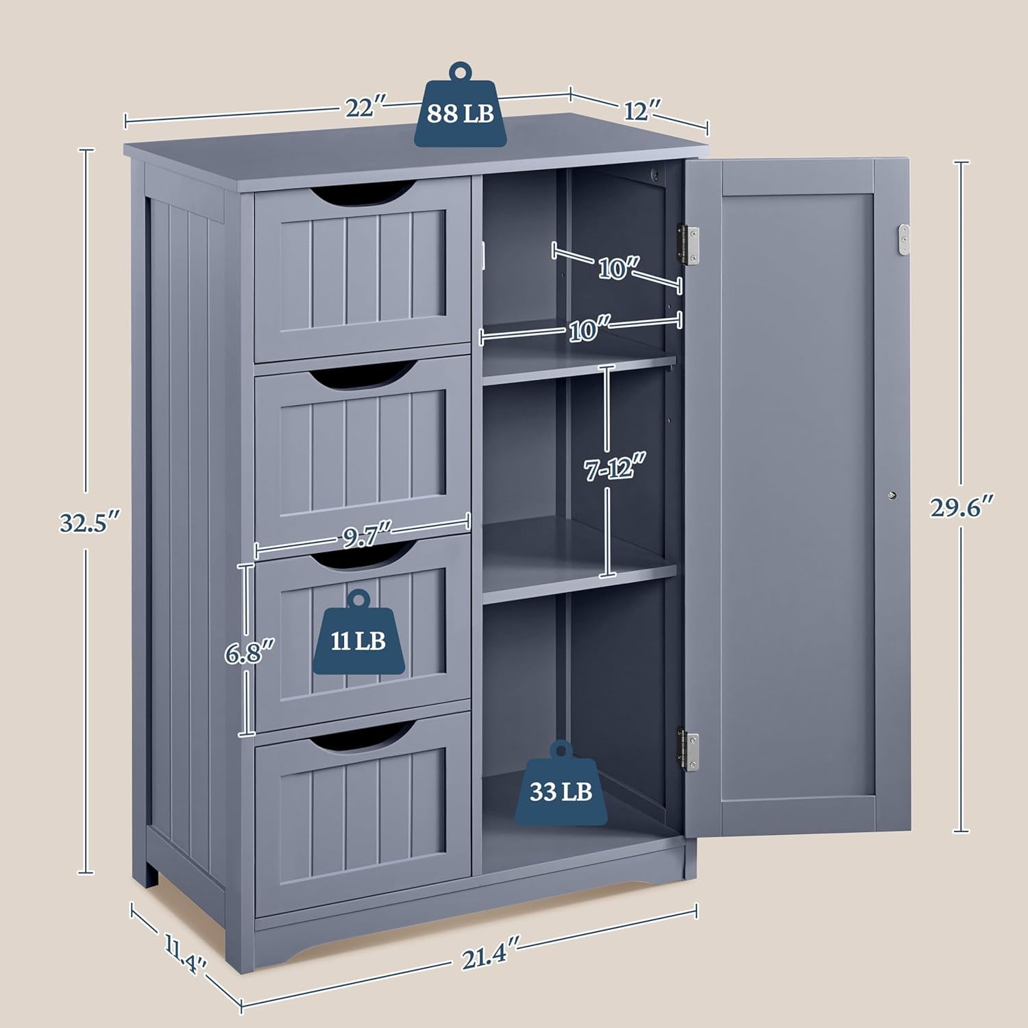 Bathroom Floor Cabinet, Freestanding Storage Organizer Unit Kitchen Cupboard W/ 4 Drawers & Adjustable Shelves, Using for Kitchen/Bathroom, Gray
