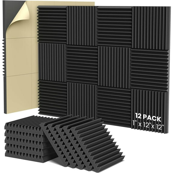 12Pcs Sound Proof Foam Panels For Walls, 2.5 cm X 30 cm X 30 cm Soundproof Wall Panels with Self-Adhesive, Fast Noise Absorption for Home, Studio - Carbon Black