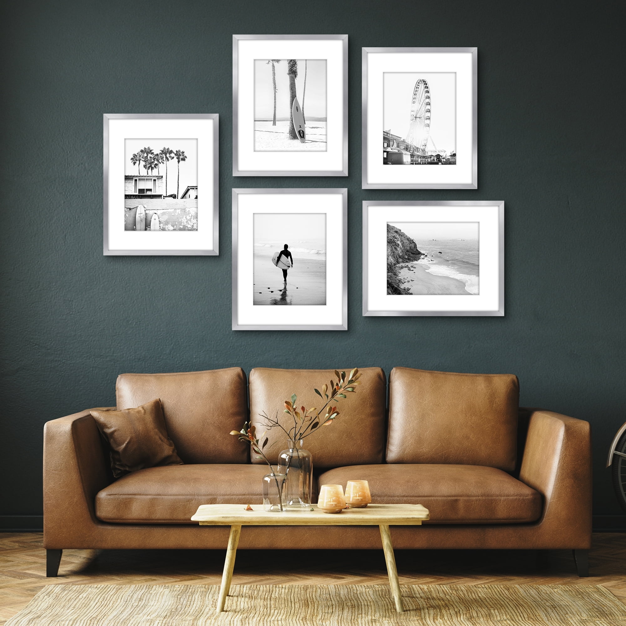 Americanflat 16x20 Picture Frame with Polished Plexiglass with 11x14 Mat 5 Pack Display Photo Frames - Silver
