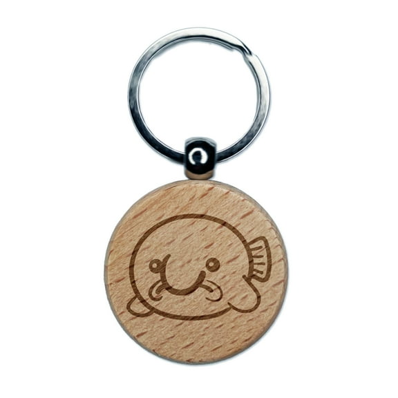 Kawaii Sad Blobfish Round Keychain Charm Tag - Engraved Wood
