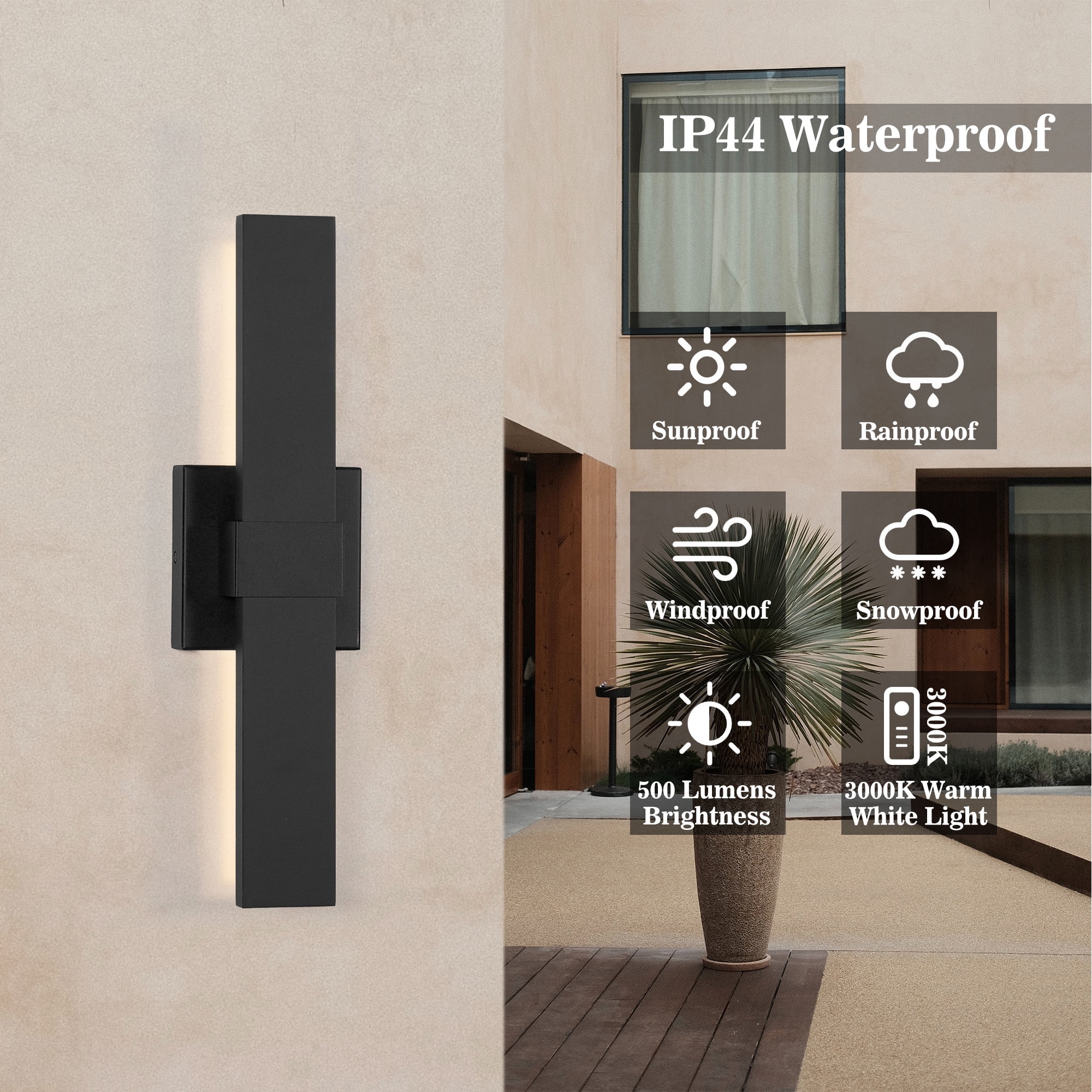 Outdoor LED Wall Light LED Linear Modern Porch & Patio Wall Sconce Black Exterior Lights Wall Light for Living Room Garage Bathroom(15.7H Black)