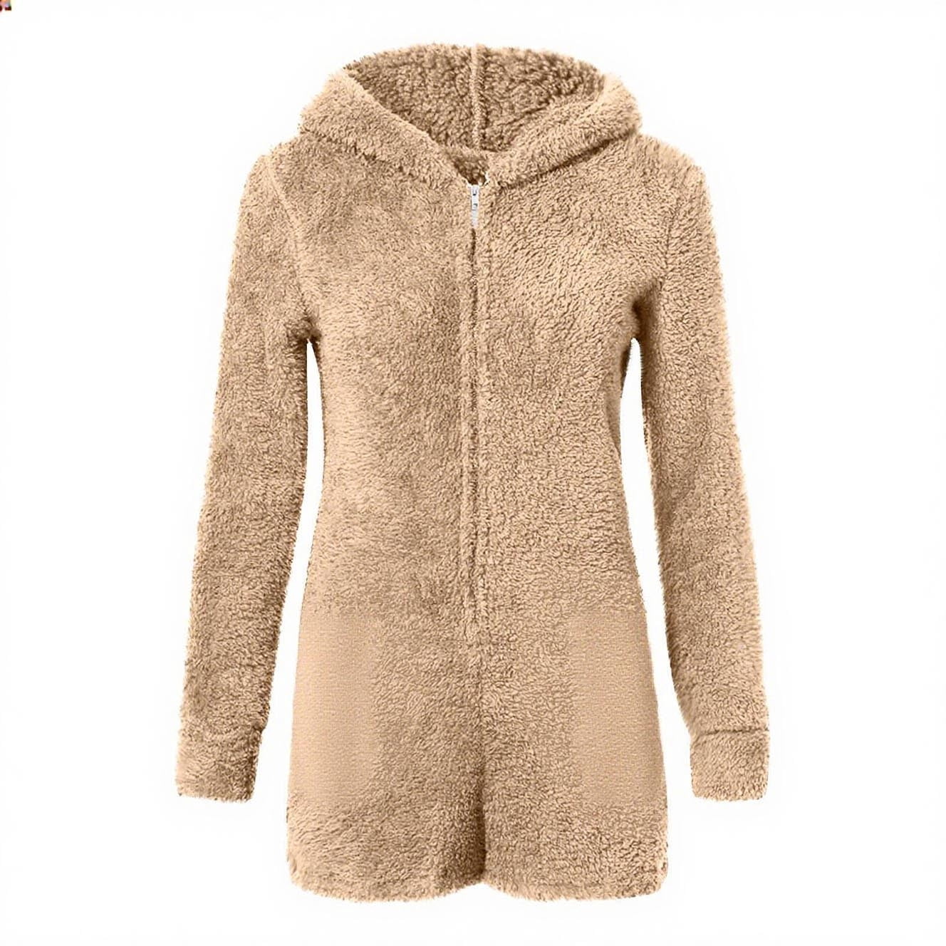 Long Sleeve Adult Onesie Pajamas New Women's Warm Hooded Ears Hooded Jumpsuit Long Sleeve Shorts Zipper Jumpsuit Pocket Sleepwear Home Clothes Style B-4 Khaki XXL