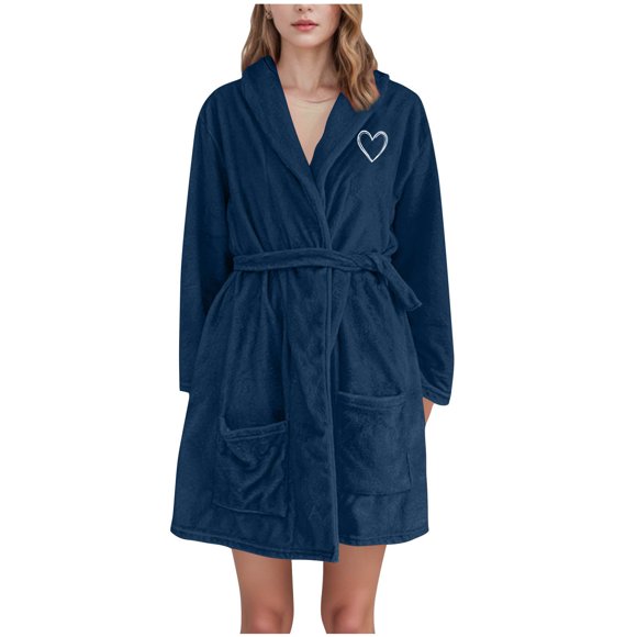 Erwazi Robes for Women Fleece Bathrobe Heart Printed Soft Fall Winter Midi Length Loungewear M-3XL