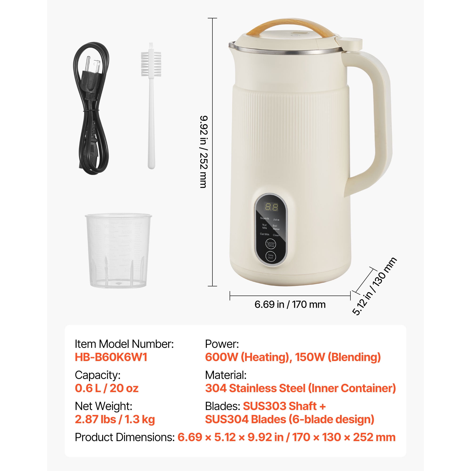 KFFKFF 6-in-1 Nut Milk Maker, 20 oz Soy Milk Machine with 6 Blades, Ideal for Homemade Oat, Nut, Soy, Juice, Plant-Based and Non-Dairy Drinks, Features High-Temp Self-Cleaning, Boil Function