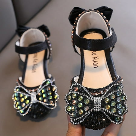 

CHAOLEI Fashion Spring And Summer Girls Sandals Party Dress Dance Show Princess Shoes Rhinestone Bowknot Ribbon Hook Loop -Black 12-15 Months