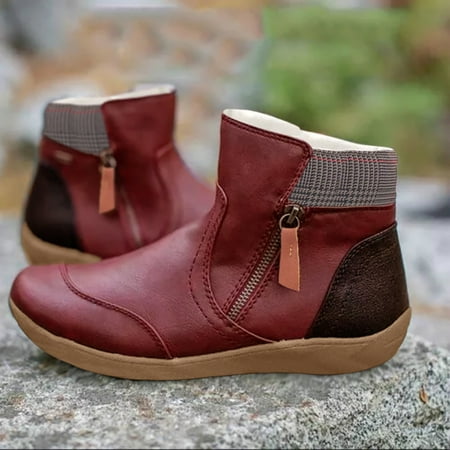 

ZMHEGW Boots For Women Vintage Splicing Round Toe Plus Size Velvet Zip Up Short Naked Boots Shoes