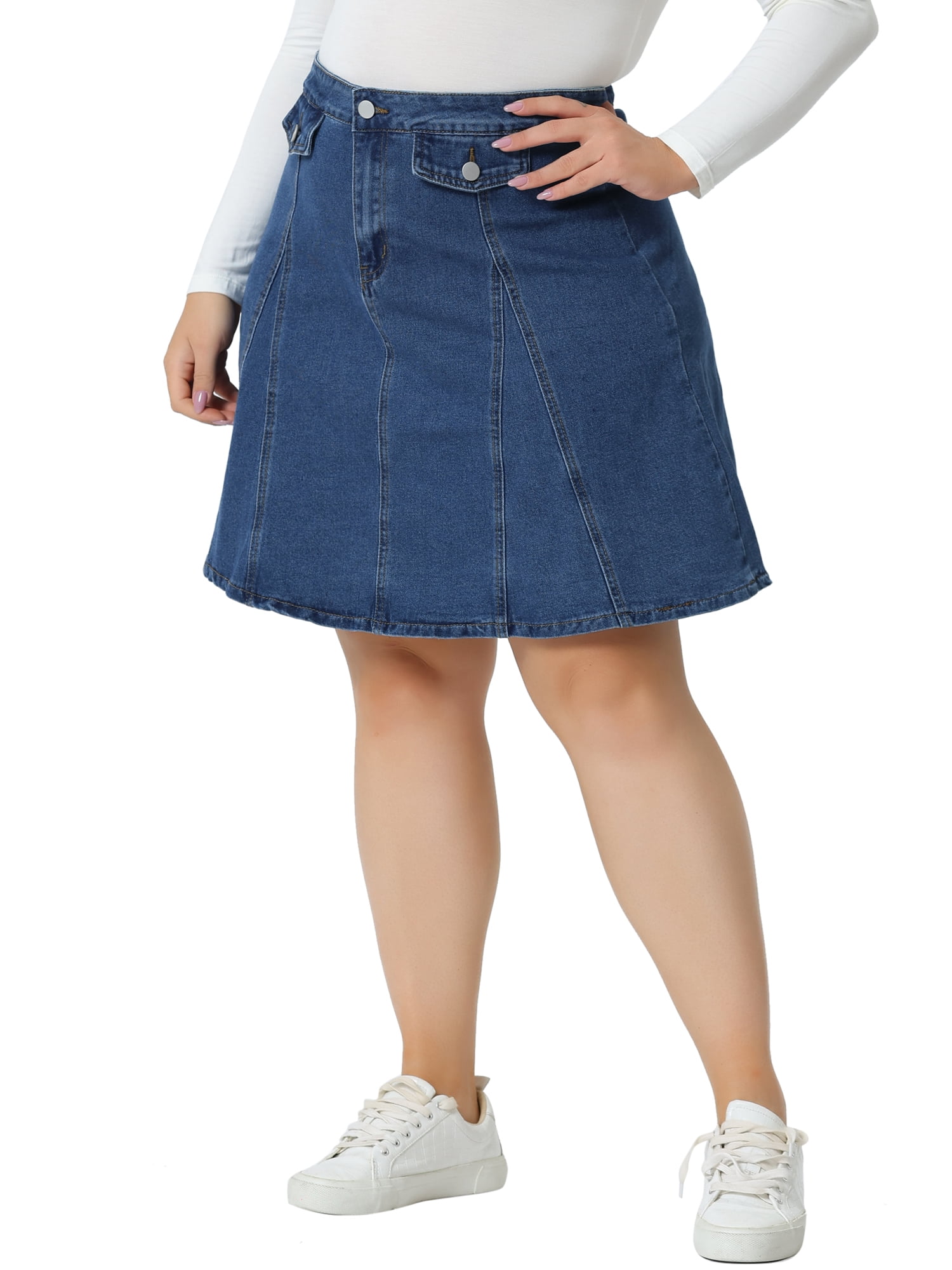 Unique Bargains Women's Plus Size Denim A-line Jean Buttons Faux Pockets Mini Skirts 4X Mid Blue