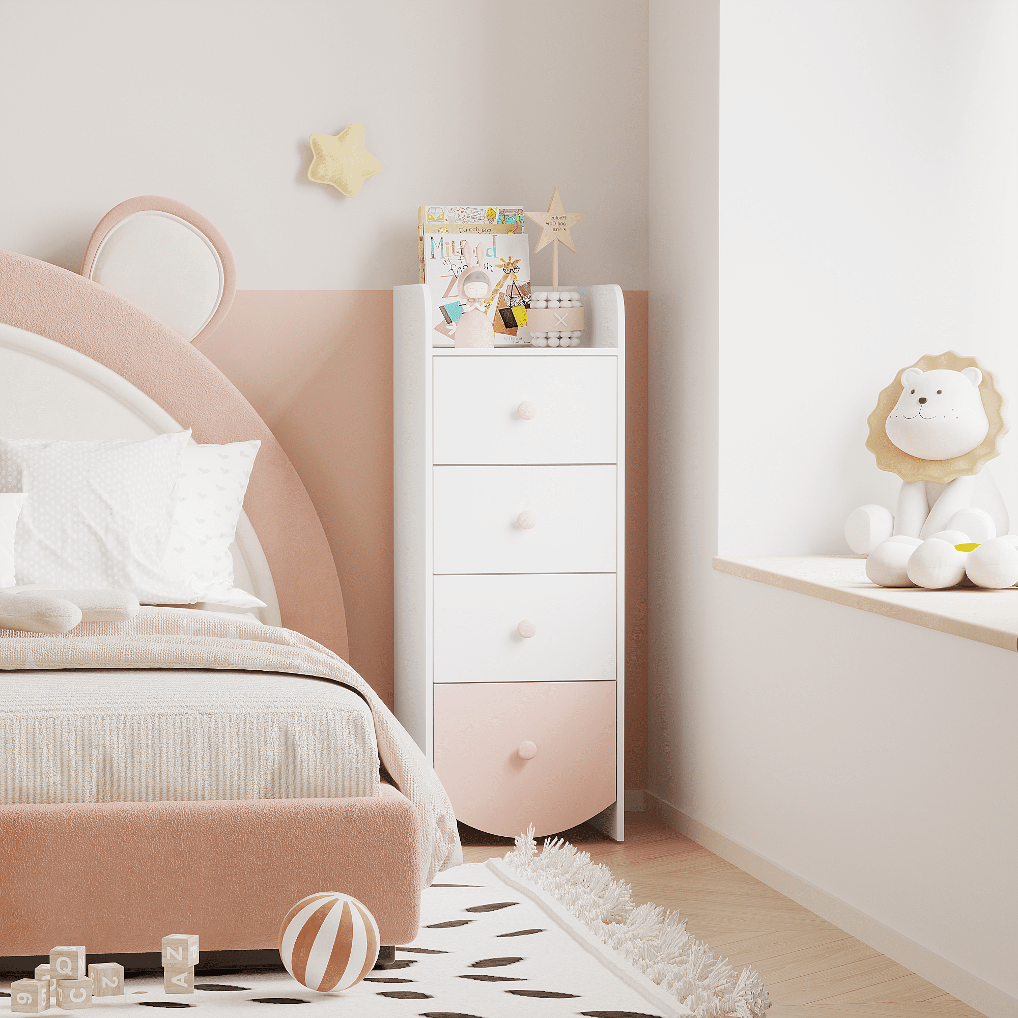 Kids Dresser with 4 Drawers, Narrow Storage Cabinet for Kids Room, MDF Chest of Drawers with Round Bottom Design, Nursery Bedroom Organizer, White