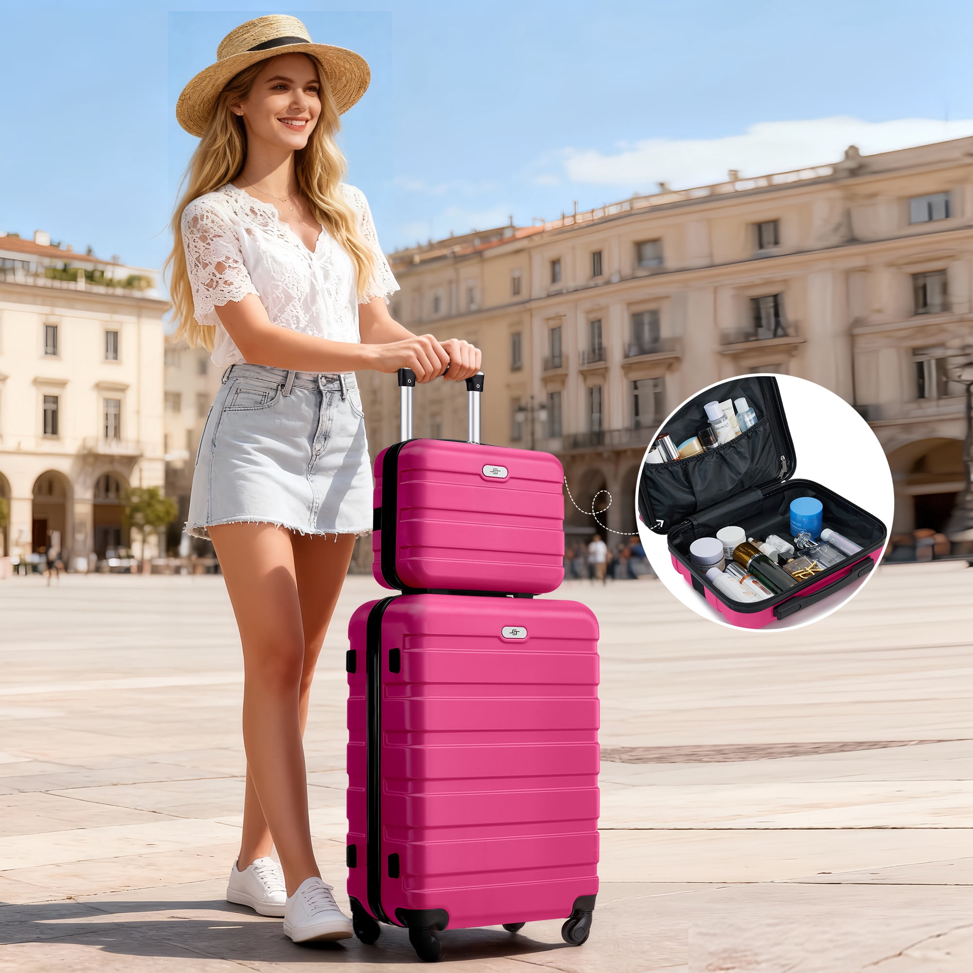Gowill 6 Piece Luggage Sets,13/20/24/28 inch Hardside Lightweight ABS Suitcase With Expandable Duffle Bag (Rose Red)
