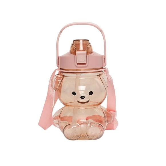 Pink Water Bottle Cute Bear Design Plastic Material 1400Ml Capacity Pink Color With Straw Portable For Outdoor Sports