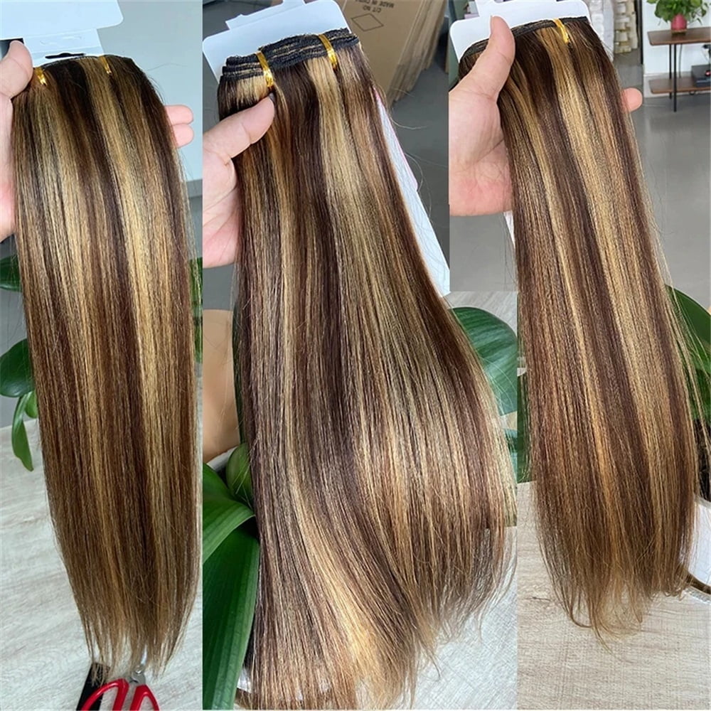 Highlight Color Hair Extensions #4/27 Clip In Straight Real Human Hair Double Weft 8 Pcs Clip Ins Extension