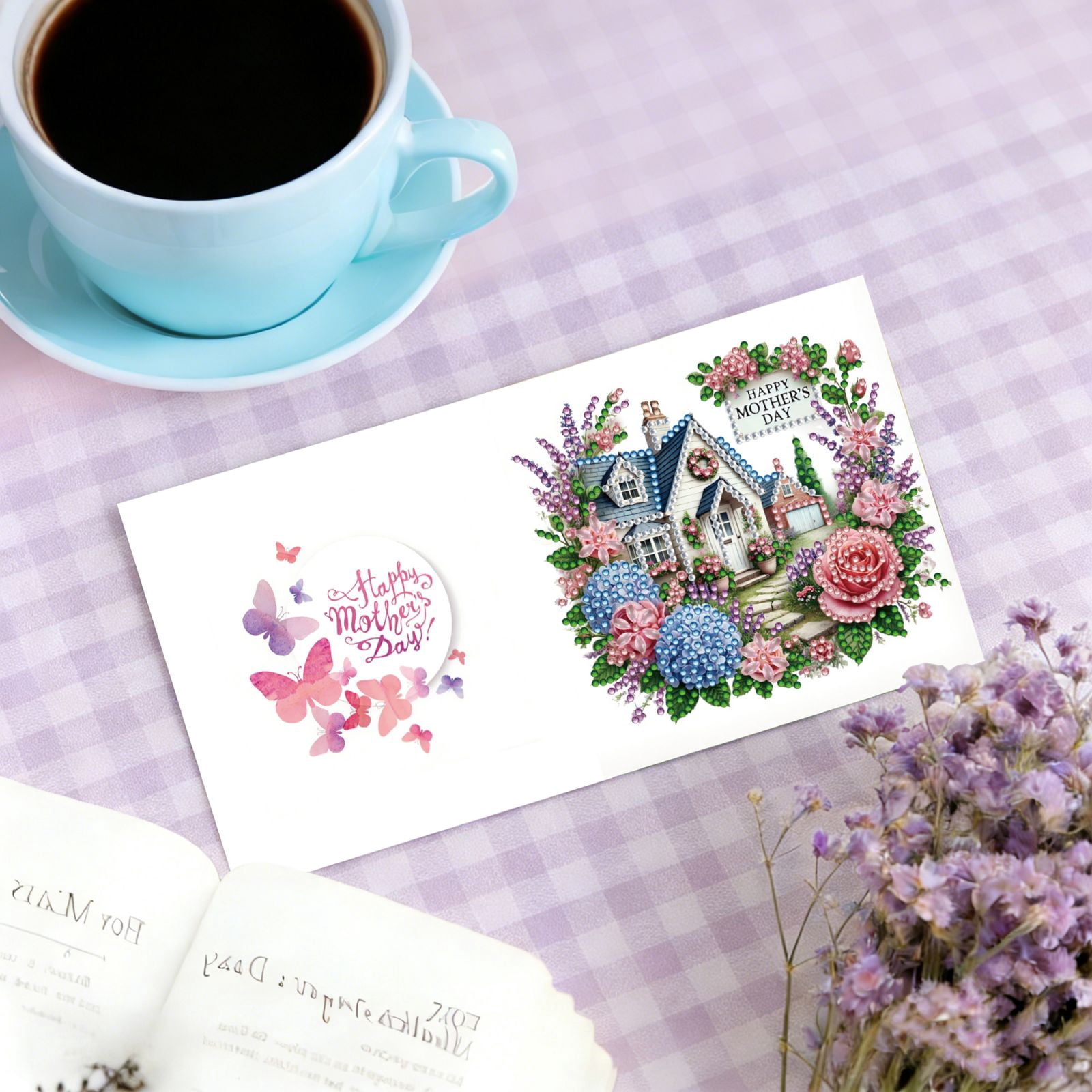 FLOPESN DIY Mother's Day Diamond Art Greeting Card Kit with White Envelope, 5.91X11.81in Flowers Theme, Creative Design Blessing Gift Folding Card Set