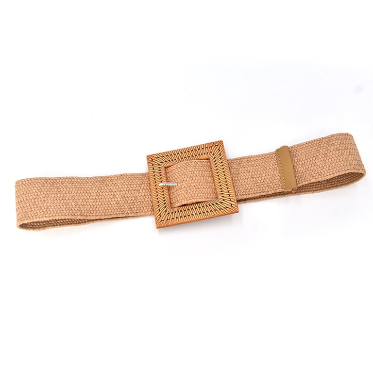 Chic Brown Belt with Natural Wooden Buckle Brown Women Elastic Woven Casual Summer Belt Stretch Skinny  main image 3