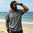 thumbnail image 4 of Jovrlynd Hoodies for Men Short Sleeve Cotton Linen Drawstring Summer Casual Hooded Shirts V Neck Pullover Tee Tops, S-3XL, 4 of 9