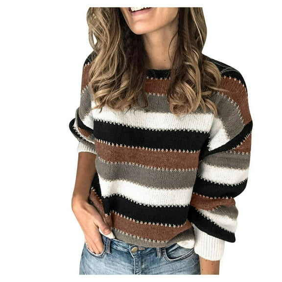 Herrnalise Women's Knitted Crop Tops Ladies Round Neck Long Sleeve Personality Stitching Striped Fashion Sweater Pullover Jumper Sweaters