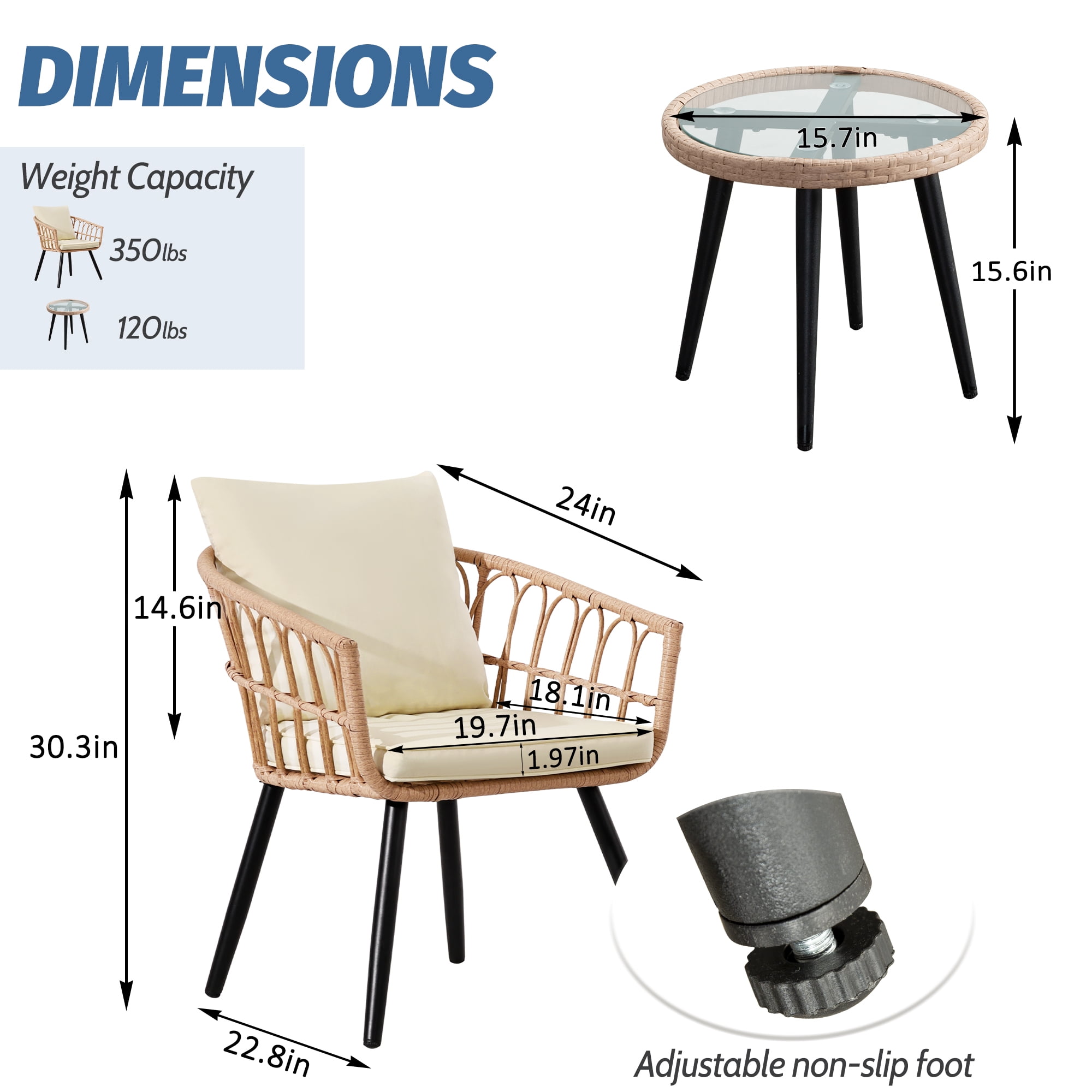 Ainfox 3-Piece Steel Outdoor Bistro Sets with Metal Chairs and Glass Top Table, Beige