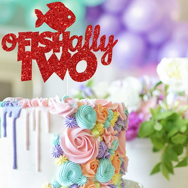 Htooq O Fish Ally Two Cake Topper Black Glitter Fish 2 Years Old Theme Decoration Baby Shower Boys Girls Happy Birthday Party Decor Supplies - - Other