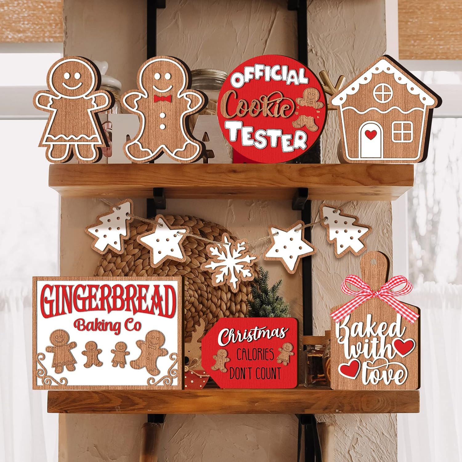 12Pcs Christmas Tiered Tray Decor Christmas Wood Tabletop Decor Gingerbread Man Xmas Tabletop Farmhouse Coffee Signs Snowmen for Christmas Winter Farmhouse Home Party Holiday Decoration