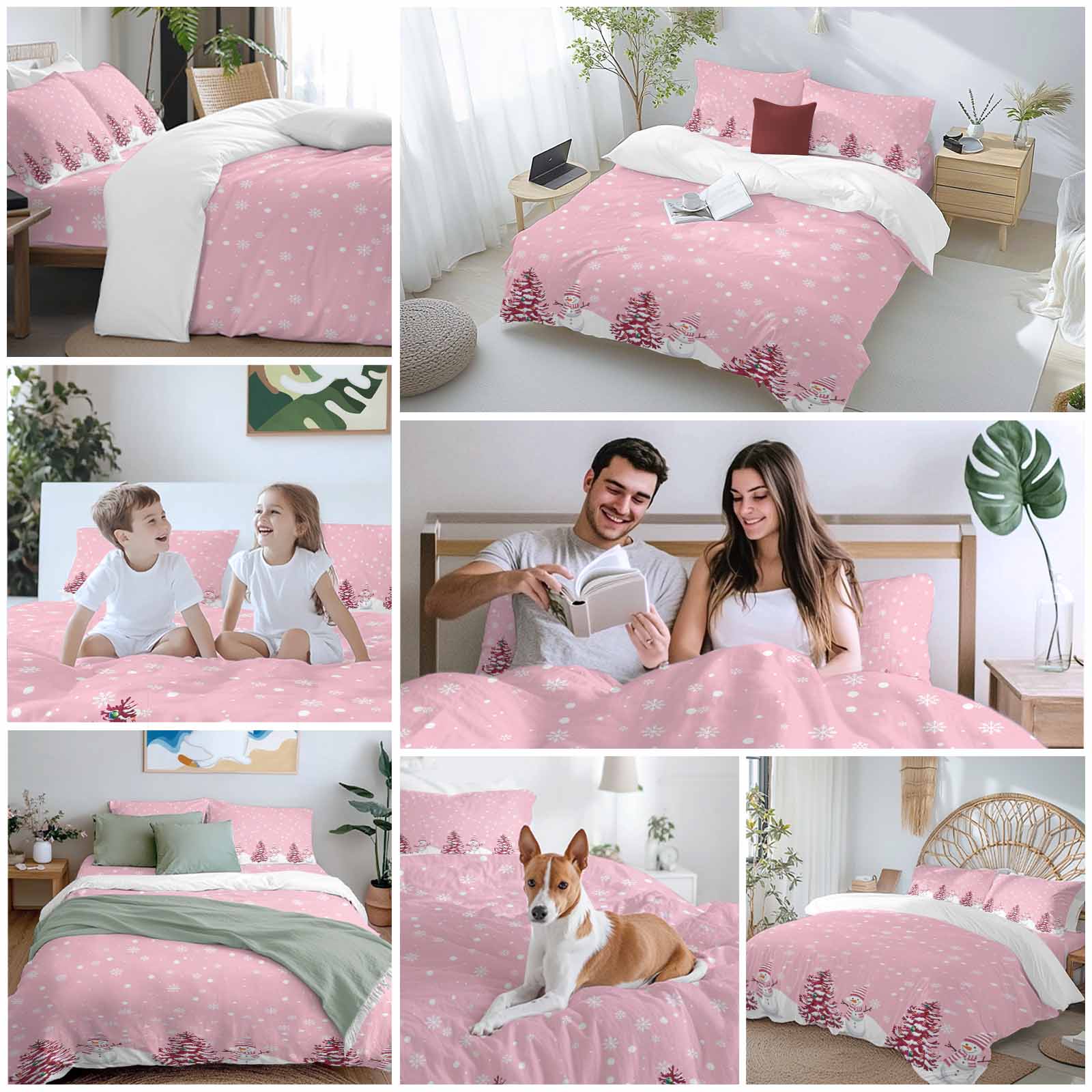 Pink Christmas Bedding Duvet Cover Set King Size 4 Pieces Snowman Christmas Tree Winter Snowflakes Bedding Set with Zipper Closure, 1 Comforter Cover 92x106 Inches 1 Flat Sheet & 2 Pillow Cases