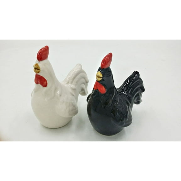 Contemporary Home Living Set of 2 White and Black Unique Rooster Design Salt and Pepper Shakers,