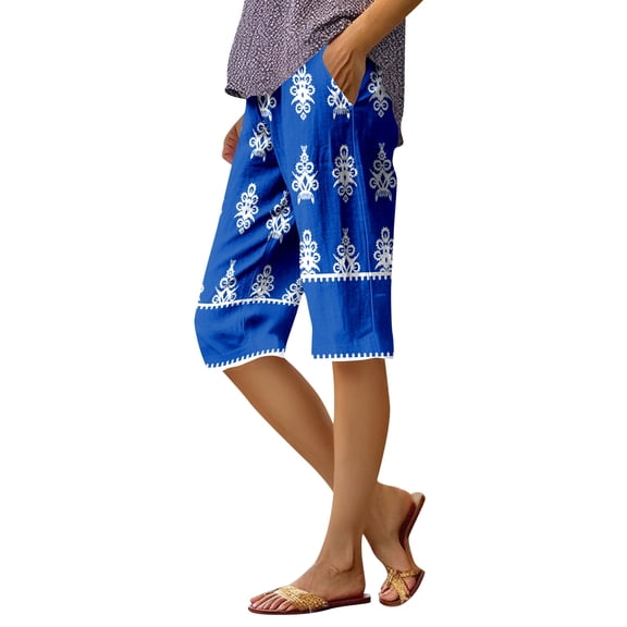 Domuza Bermuda Shorts for Women Casual Knee Length Loose Fit Beach Shorts Summer Boho Striped Floral Print Athletic Shorts with Pocket Dark Blue L