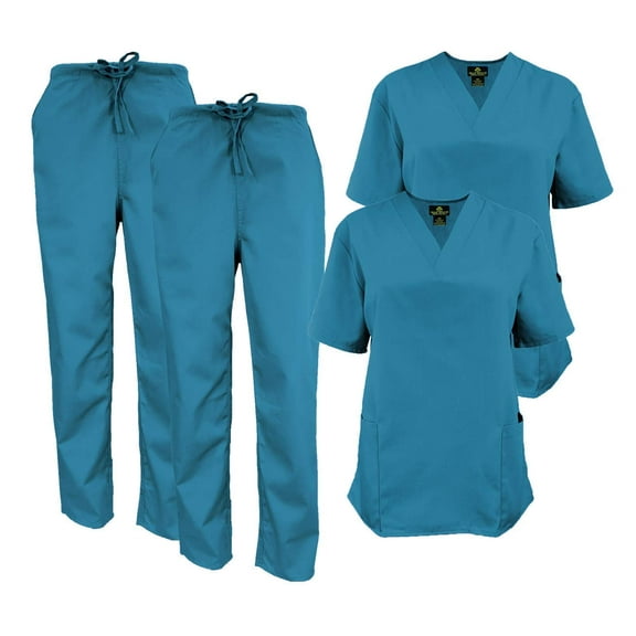 M&M SCRUBS Women Scrub Set V-Neck Medical Scrub Tops and Drawstring Pants - Pack of 2 Set (Teal, 5X-Large)