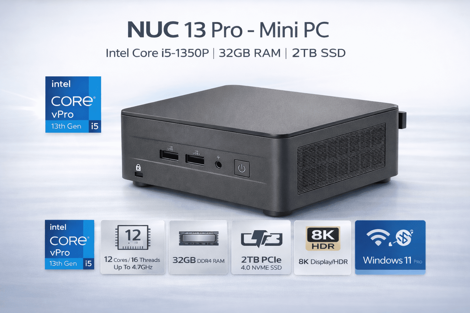 ASUS NUC 13 Pro Mini PC Intel Core i5-1350P vPro, 32GB RAM, 2TB SSD, Enterprise Business Desktop, 8K Quad Display, WiFi 6E, Windows 11 Pro