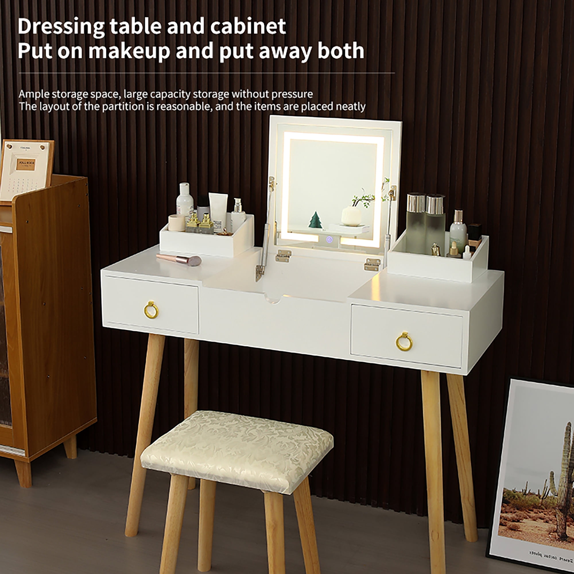 Vanity Desk Set with LED Lighted Mirror Power Outlet, Flip Top Makeup Vanity Table with Drawers Cabinet, for Bedroom, Bathroom