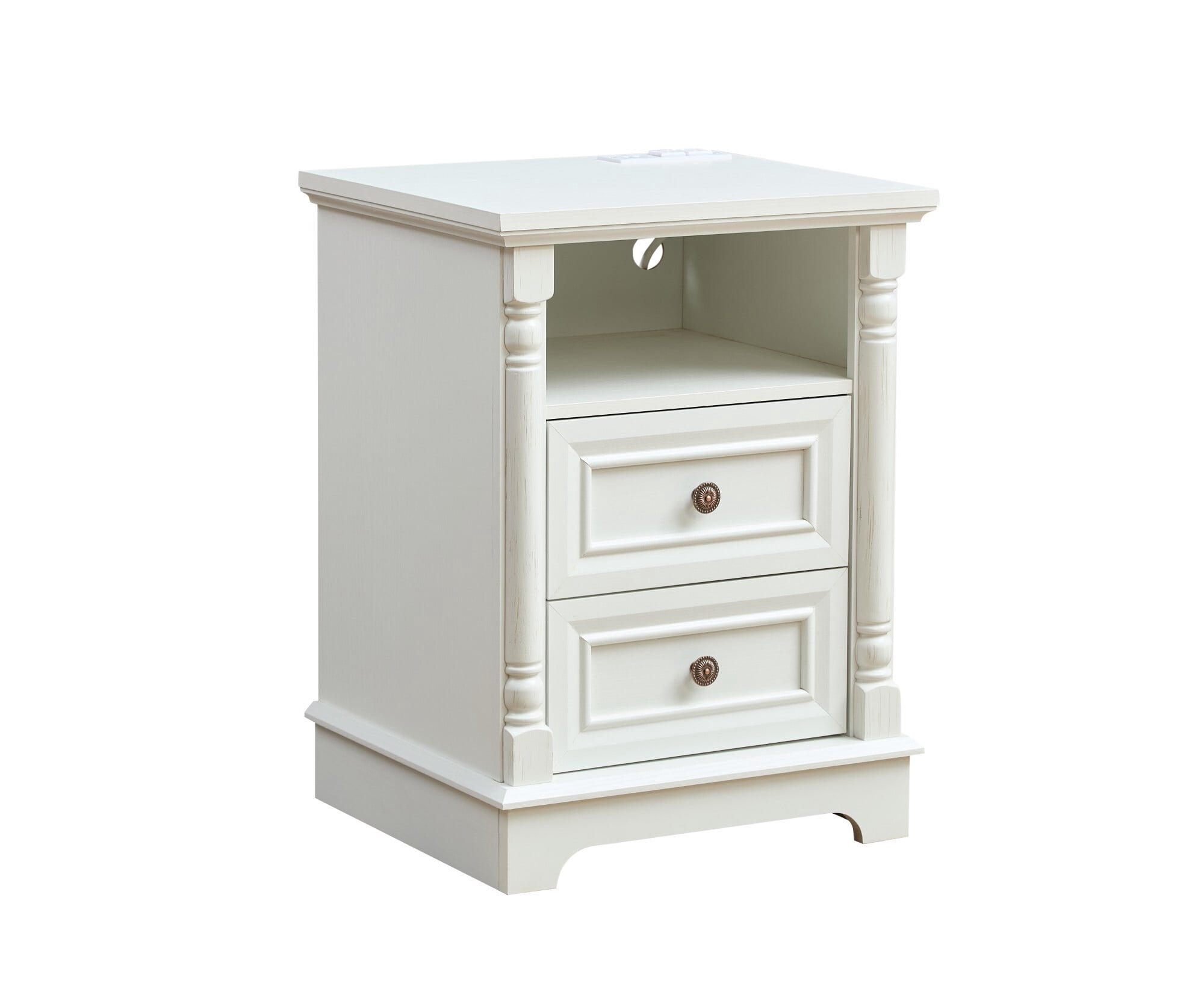 AENKYO Farmhouse 2-Drawer Nightstand with Charging Station, Rustic Wooden End Table for Bedroom & Living Room, White
