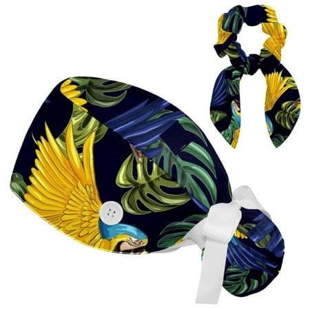 

Working Cap with Buttons and Sweatband Scrub Hat Bouffant Caps with Scrunchie Parrot Tie Back Hats