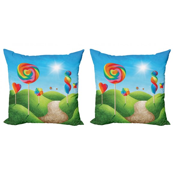 Ambesonne Fantasy Throw Pillow Cover 2 Pack, Candy Land Lollipops, 16", Green Blue Red