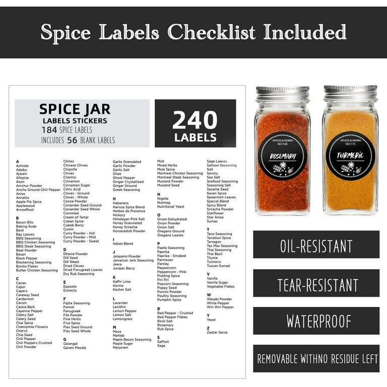 240 PCS Spice Jar Labels, Does't Include Jars,184 Preprinted 56 Extra Write-On Labels for DIY, Waterproof, Oil Resistant, No Residue Herb Seasoning ...