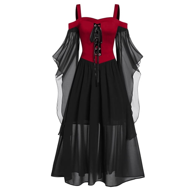 Vestido de Halloween con cordones y manga de mariposa con hombros descubiertos de retazos sólidos de talla grande para mujer Pompotops ghjkhdj18112